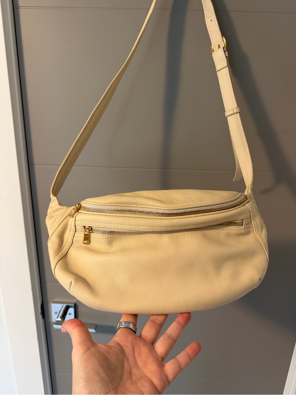 Cream Pebbled Leather Crossbody with Gold Hardware